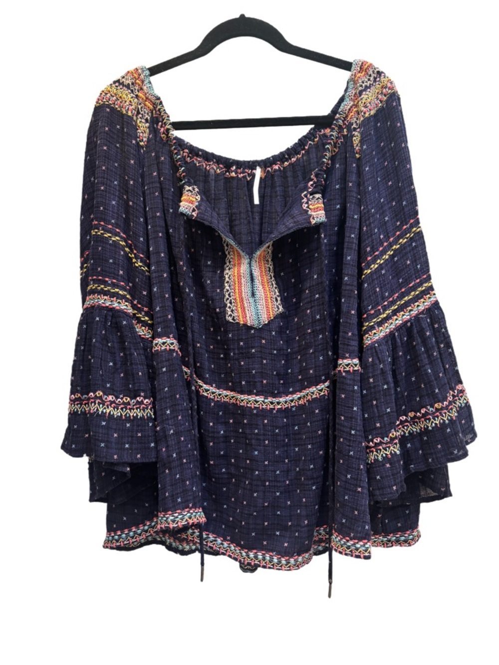Free People “Talia” Embroidered Top in Navy/Multicolor, Boho Peasant Bell Sleeve - Picture 2 of 14